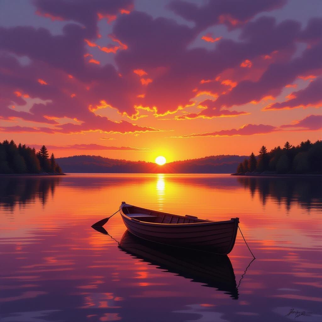 Serene Squam Lake Sunset with Fishing Boat