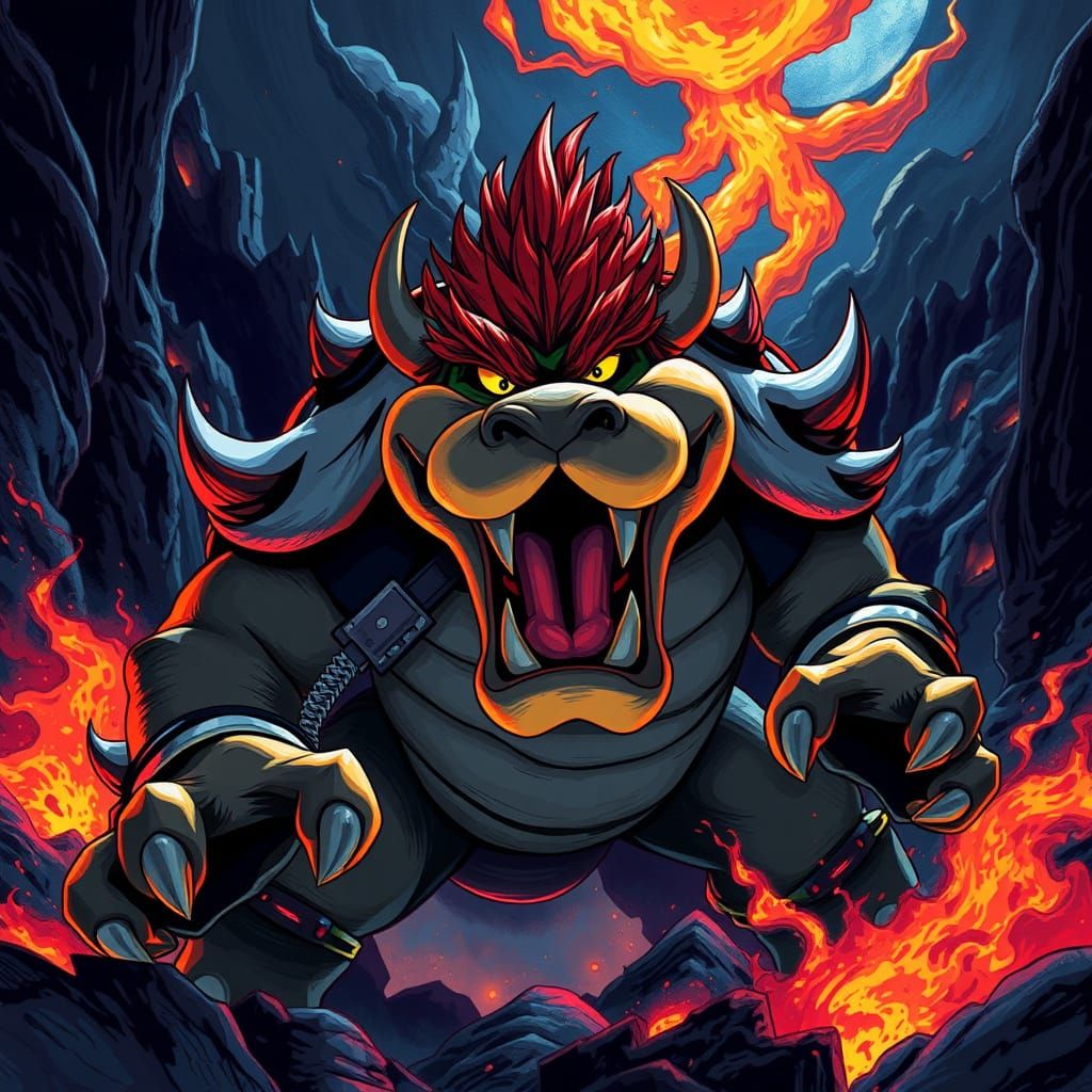 Fierce Bowser Roaring in Ominous Kingdom Illustration