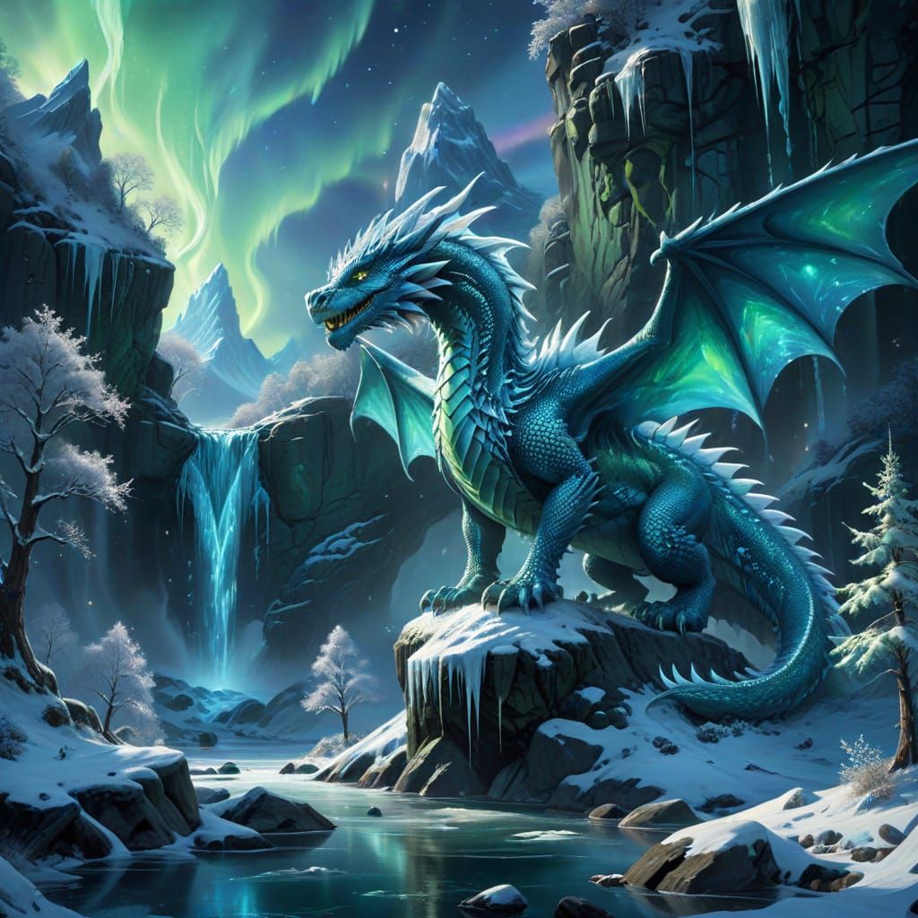 Majestic Ice Dragon Guards Winter Valley Under Aurora