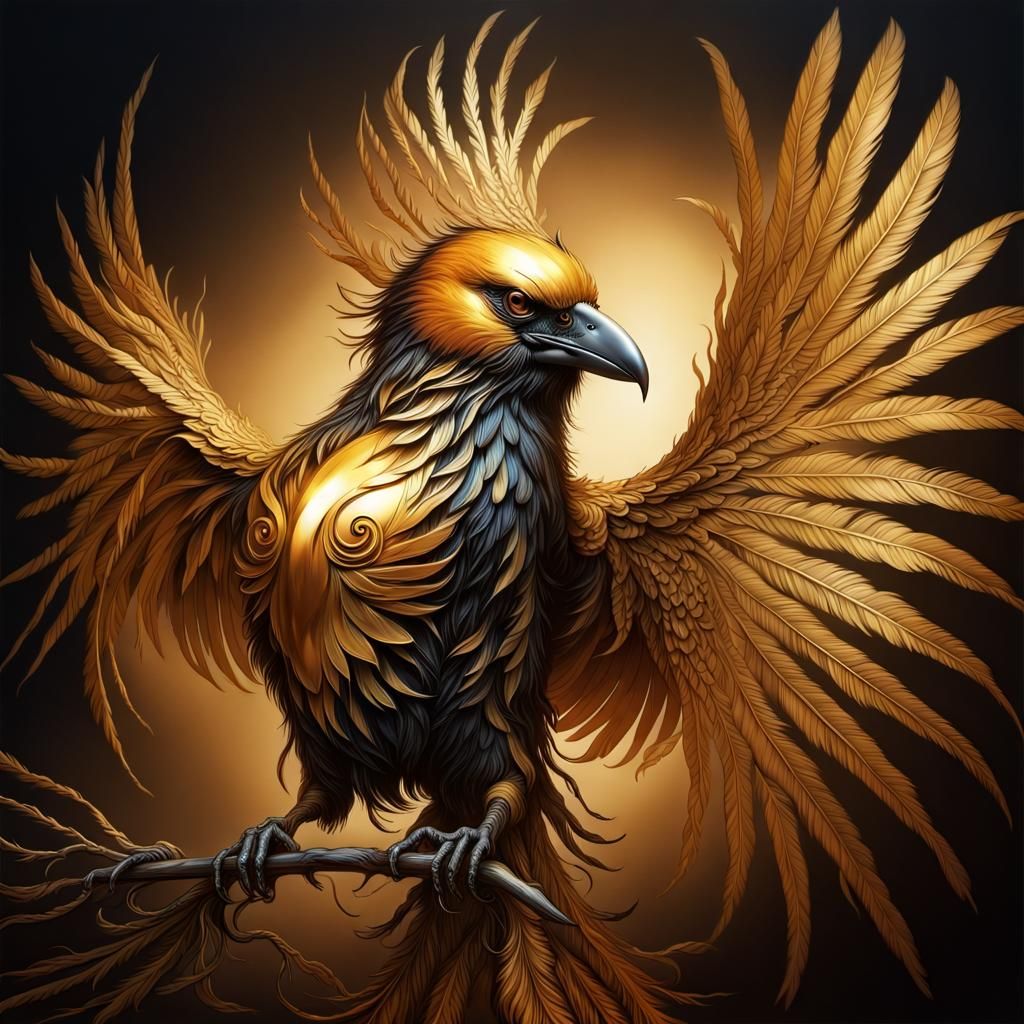 intense aetherpunk ornate electric golden Crow with long fea...