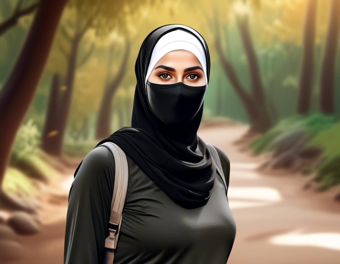 Muslim Woman Hikes in Park with Facemask