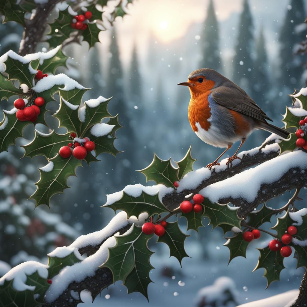 Christmas Robin in Snowy Winter Forest