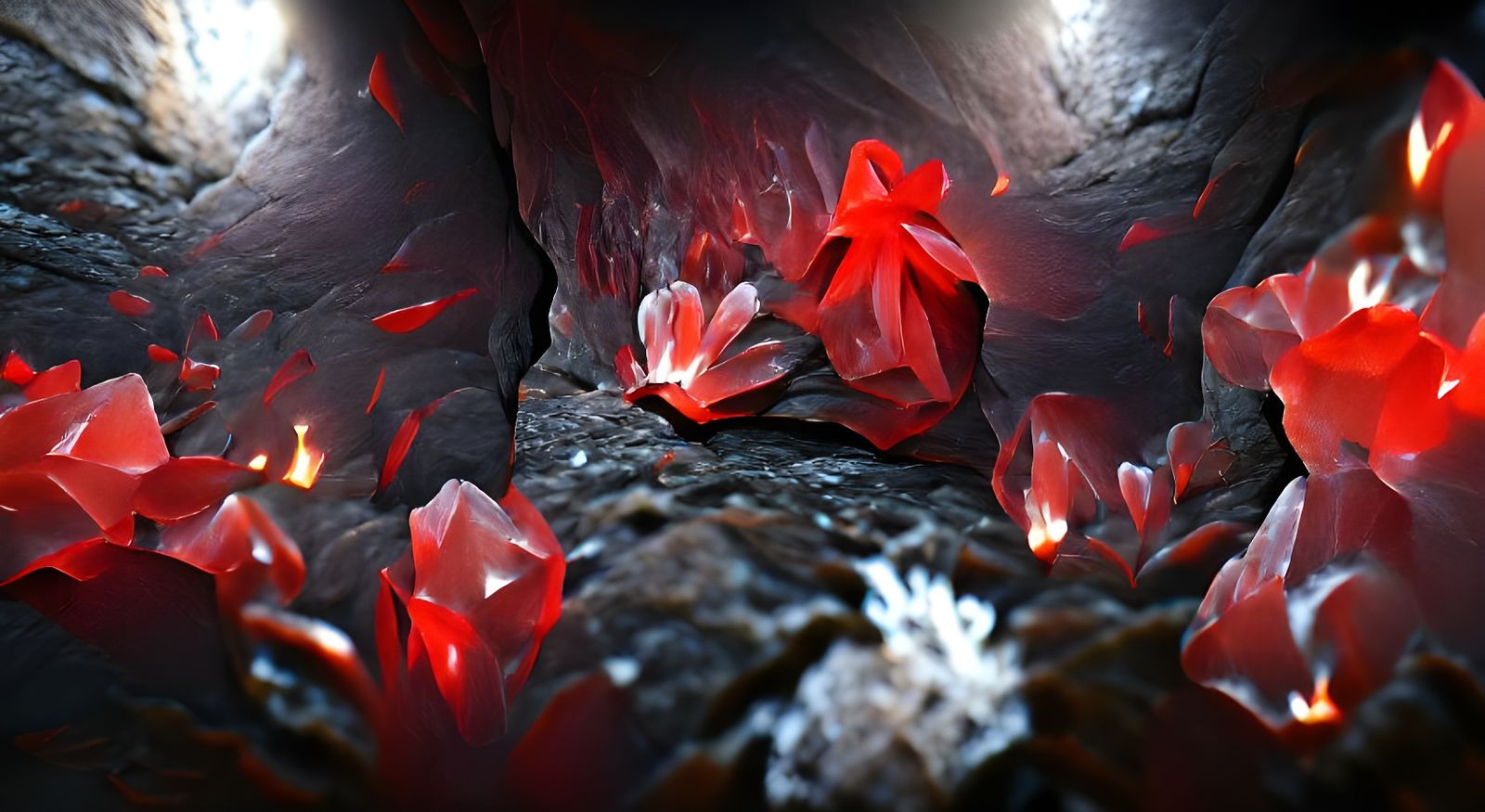 Red Crystal Flowers in Obsidian Lava Cave