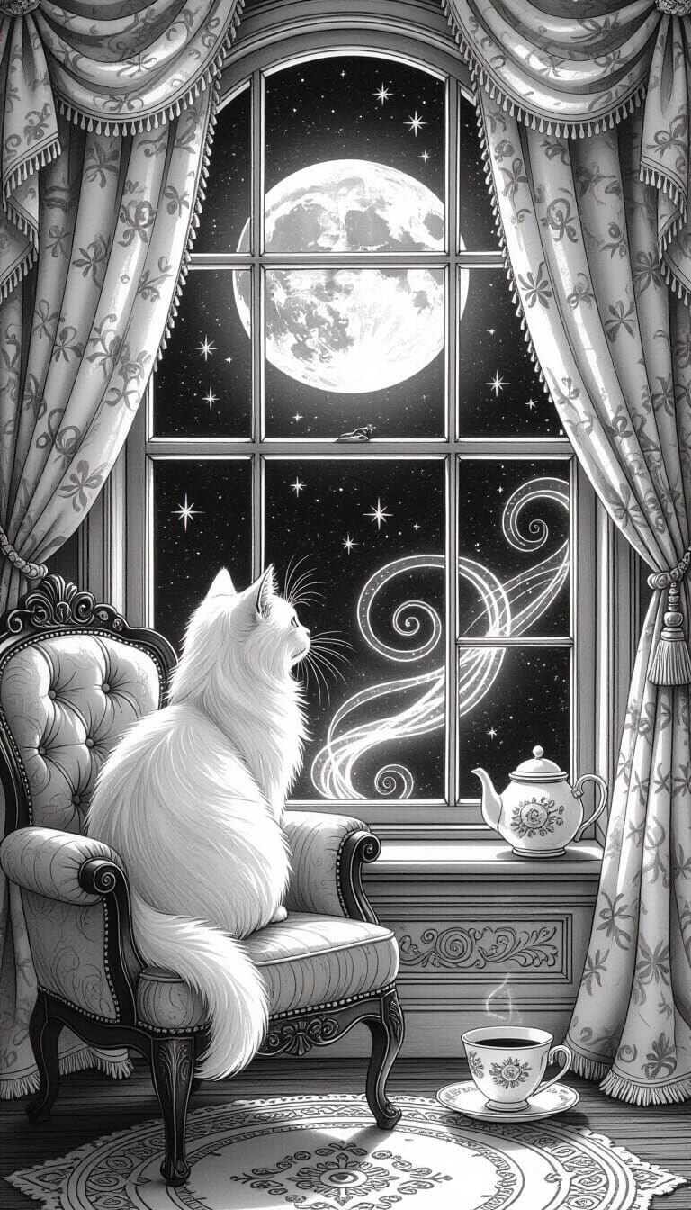 Magical Moonlit Cat Teatime: Charcoal Drawing