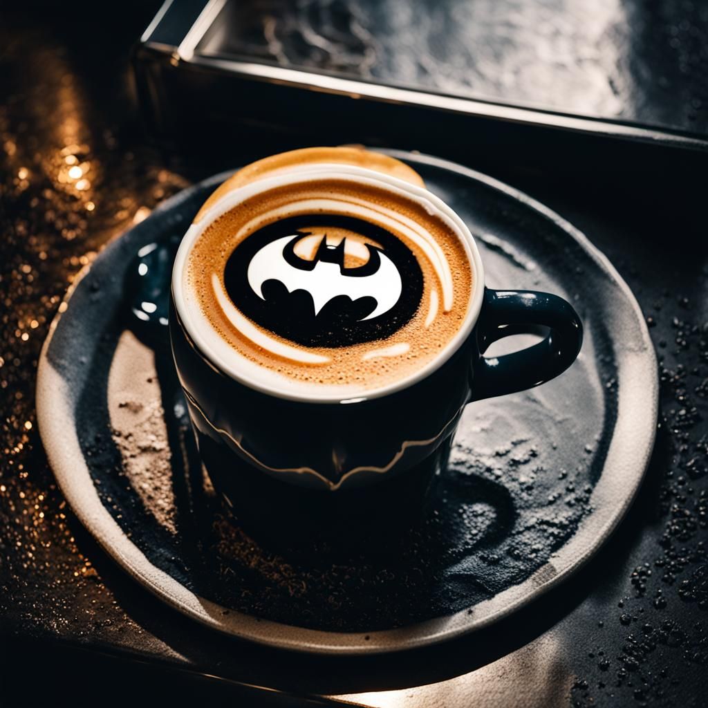 Batman Symbol Latte in Moody Coffee Shop Lighting