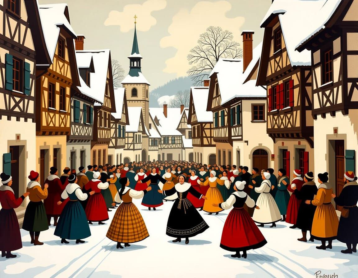 Villagers Dance in Snowy Alpine Street, Flemish Style