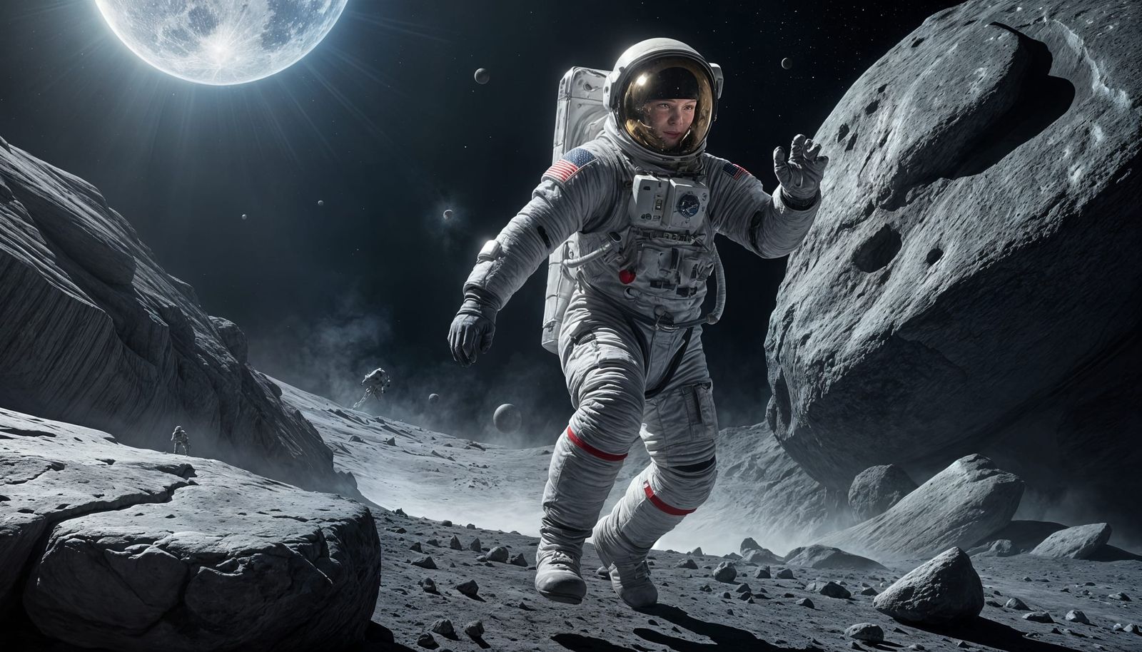 Lunar Astronaut Leaps Across Moon Rocks