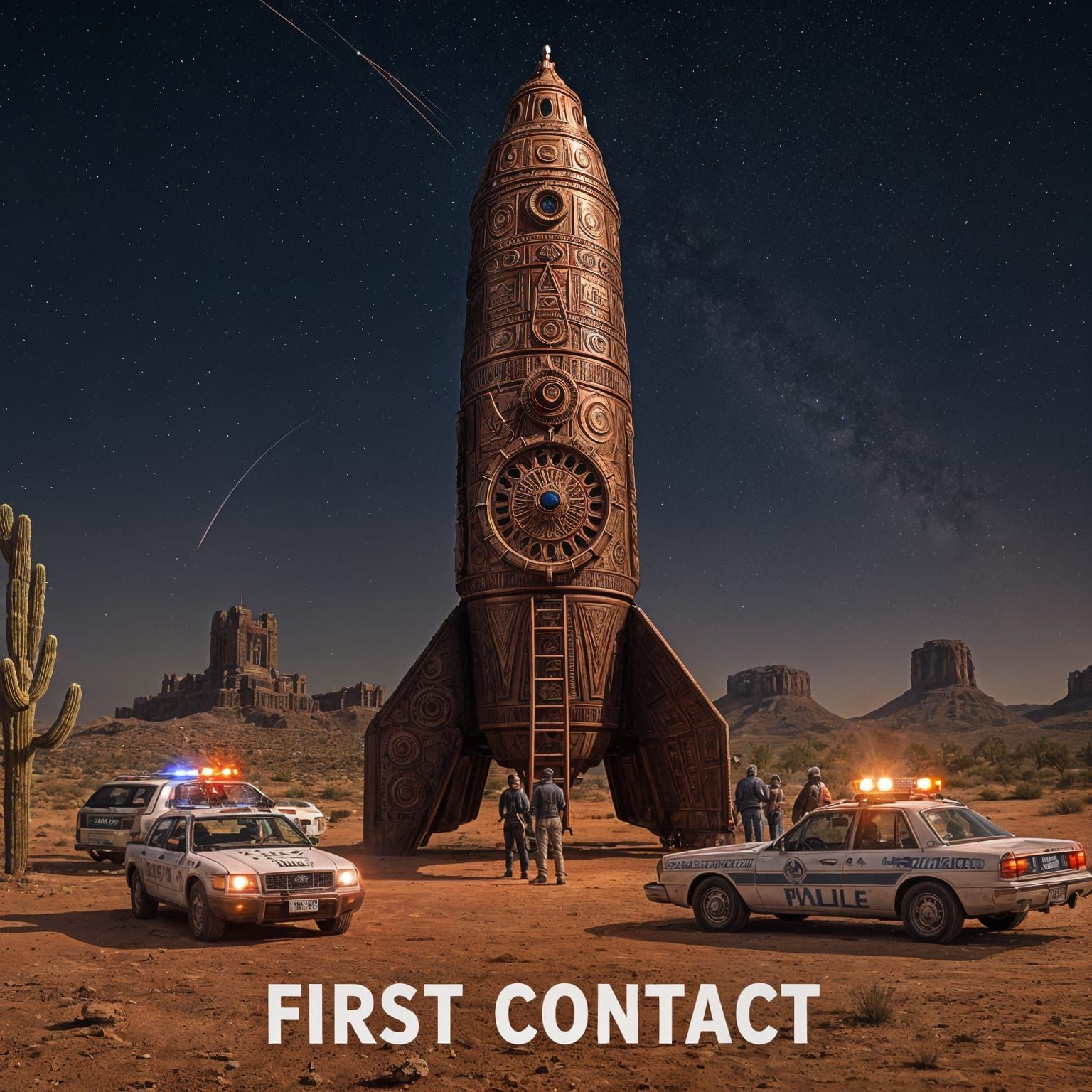 Ornate Ancient Rocket Ship in Desert Night