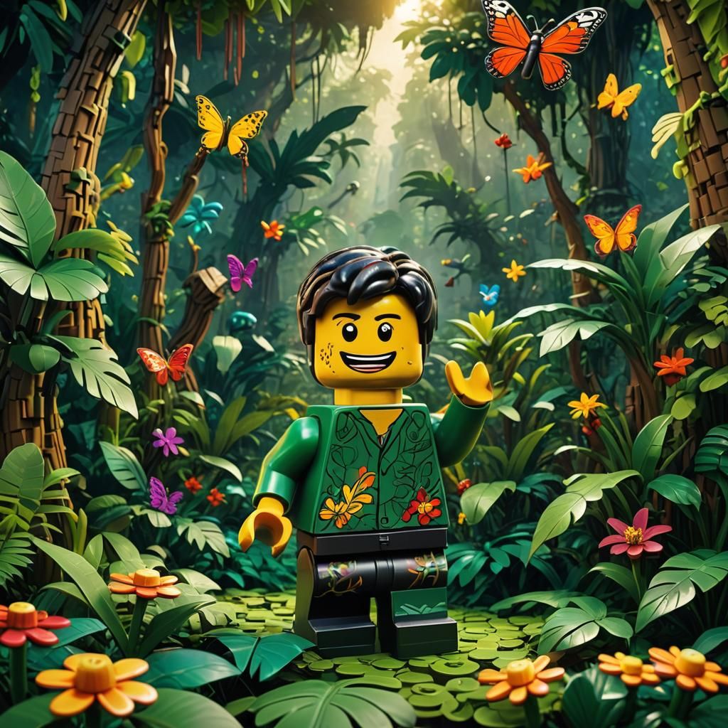 Lego Character Waving Hello in Jungle, Digital Art