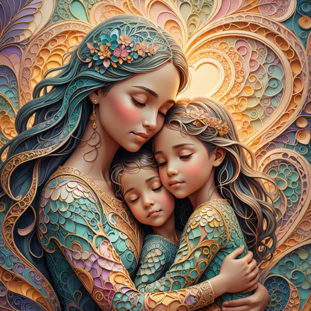 Mother and Children Hugging in Whimsical Fantasy Art