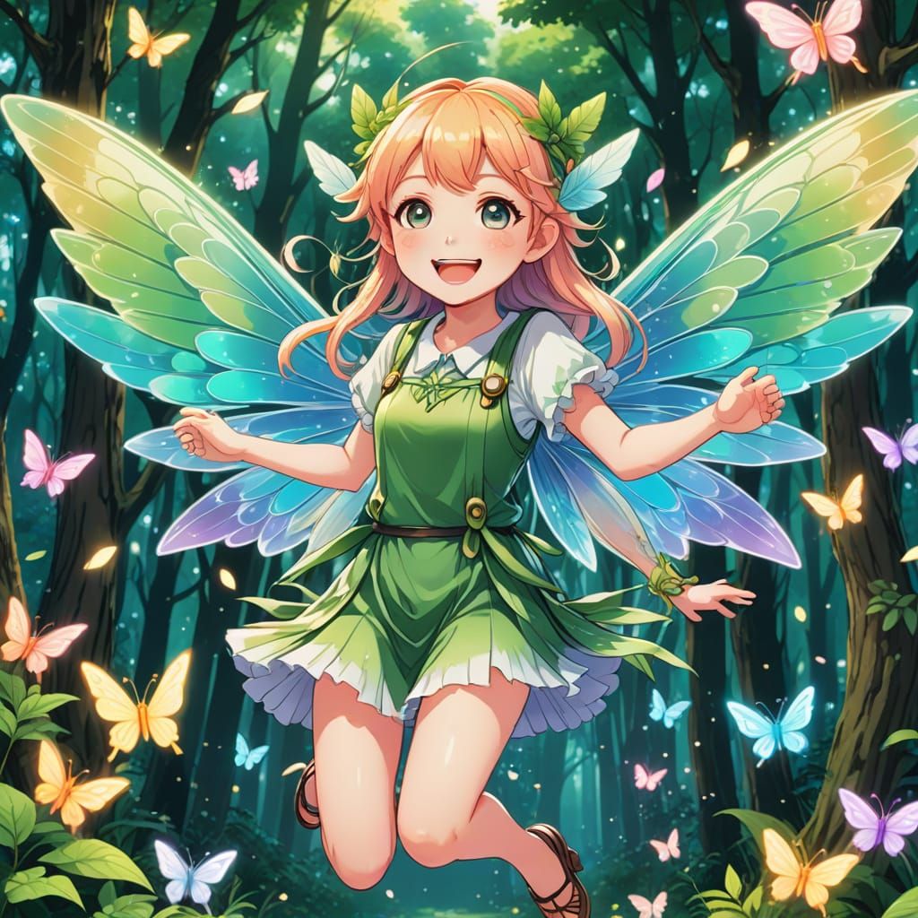 Smiling Forest Fairy in Vectorized Anime Style