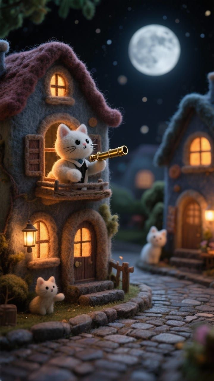 Cozy Felt Cat Village with Astronomer Cat