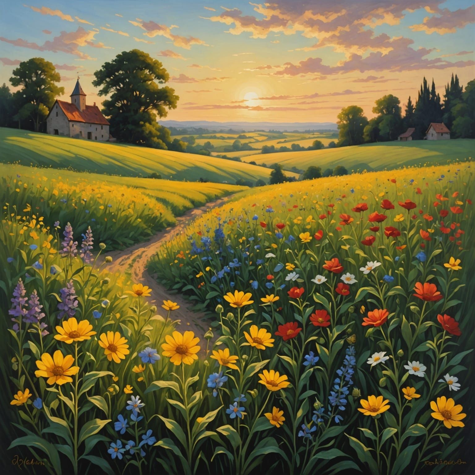 Colorful Medieval Sunrise over Wildflower Field