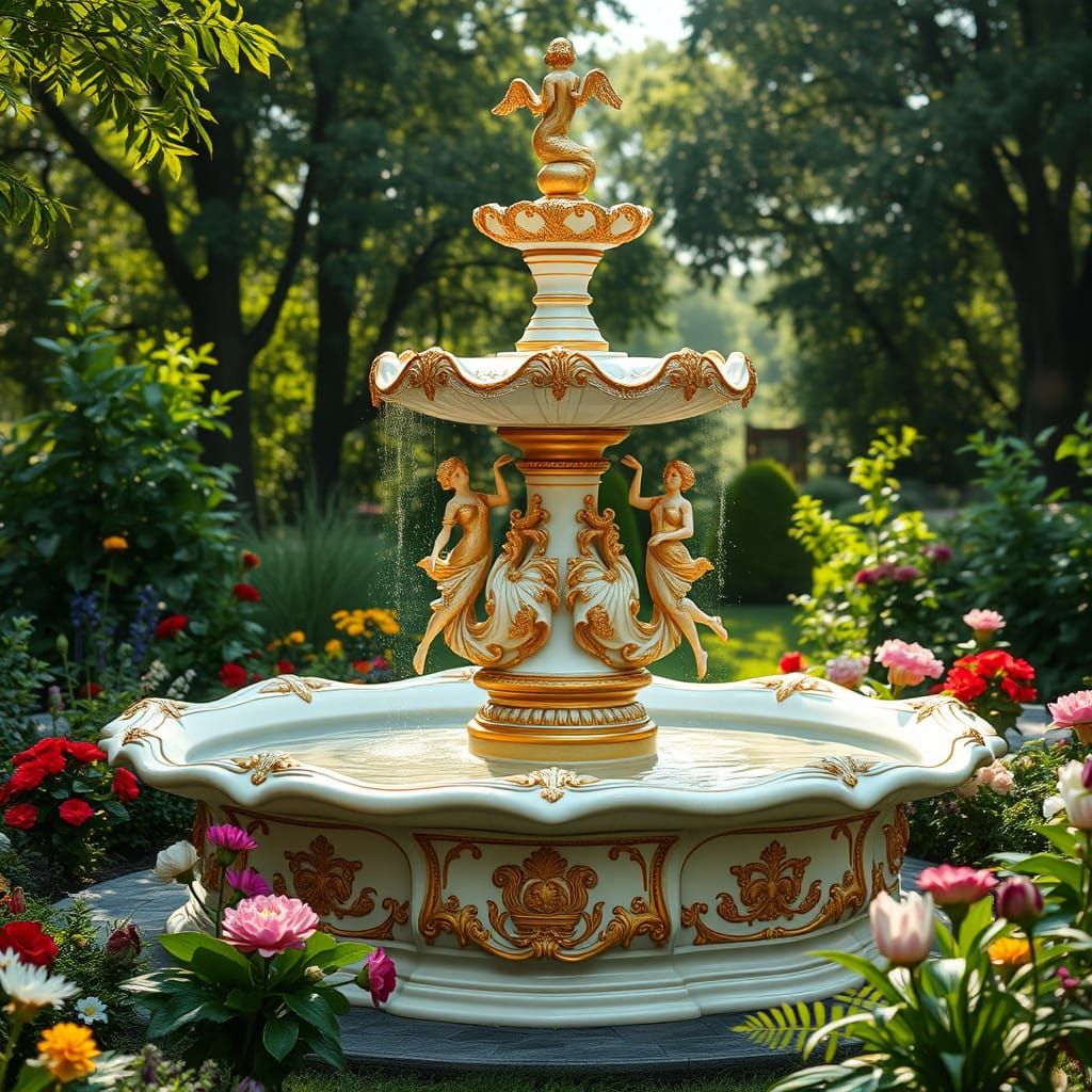 Elegant Porcelain Fountain in a Serene Rococo Garden