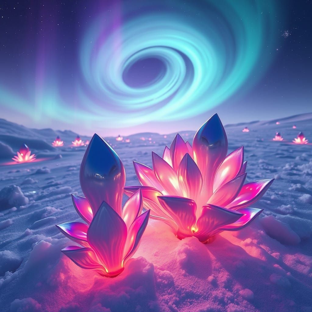 Ethereal Alien Landscape with Bioluminescent Flora and Volum...