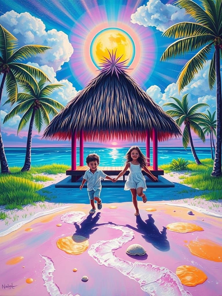 Bioluminescent Beach Hut Acrylic Painting