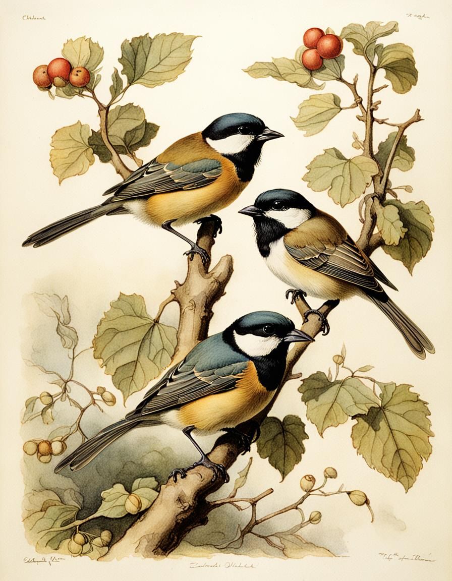 Chickadees Illustration in Vintage Style