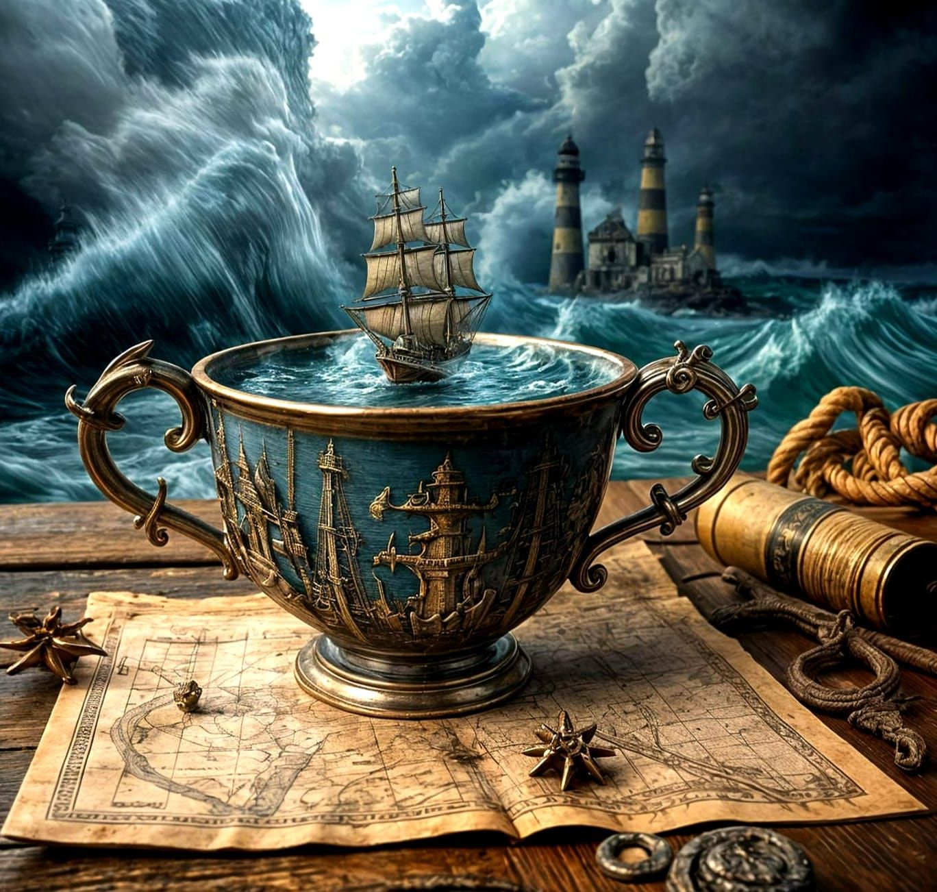 Stormy Ocean in Teacup with Pirate Ship