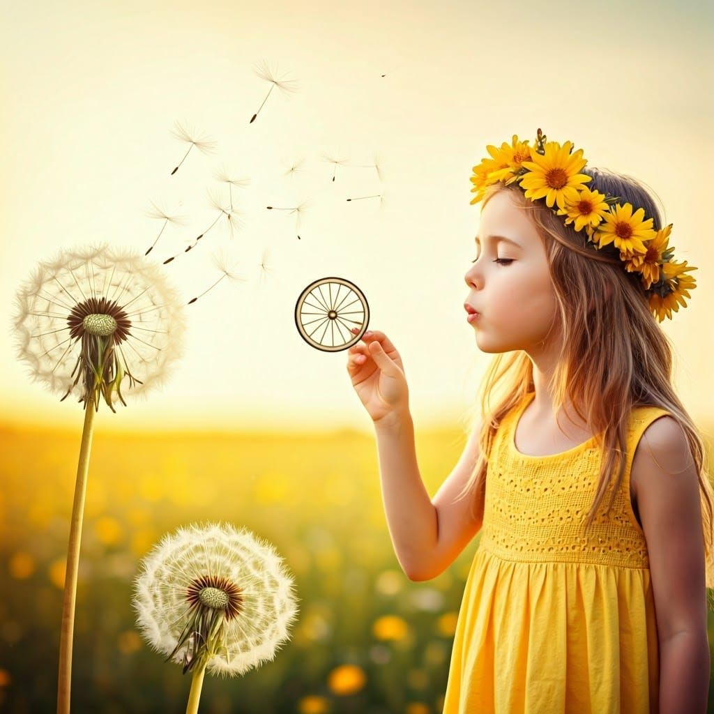 Young Girl Blows Dandelion Seeds into Golden Bicycle Wheel