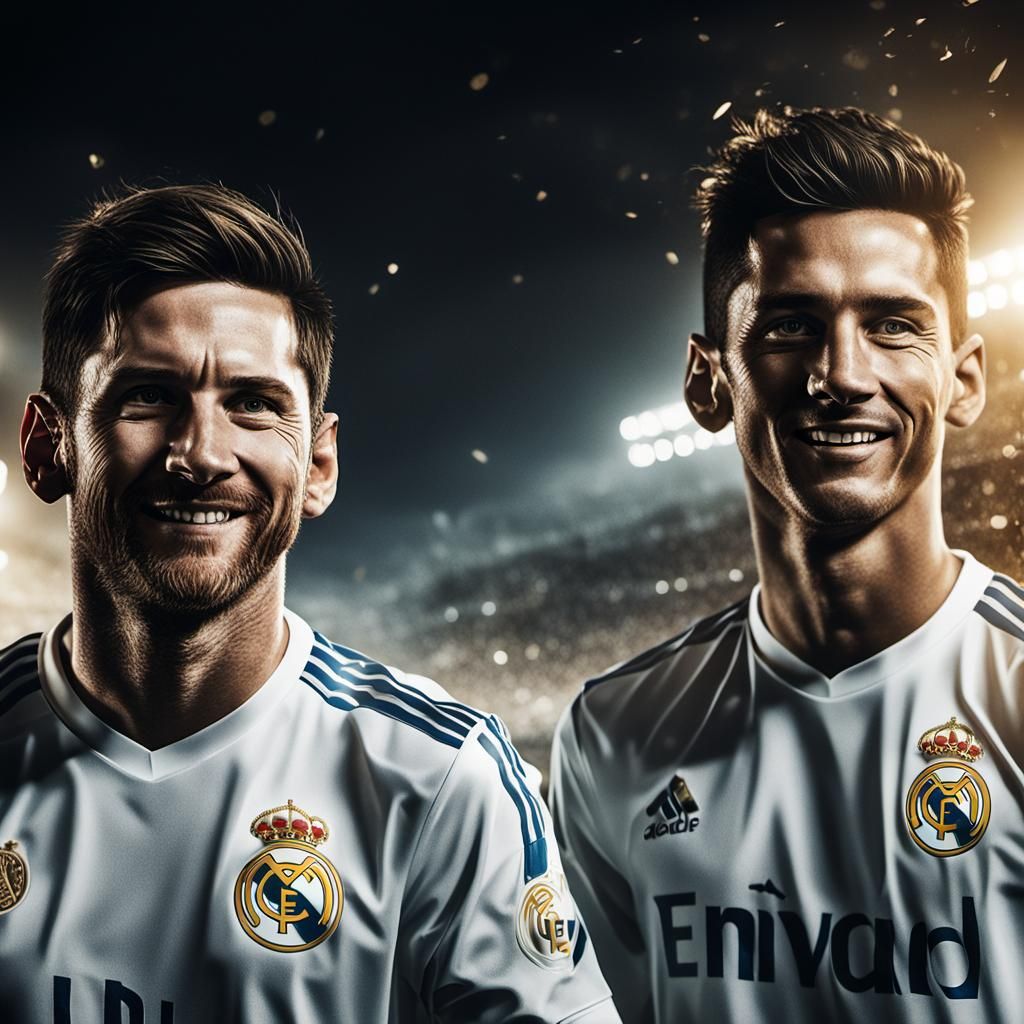 Messi and Cristiano Smiling in Real Madrid Shirts