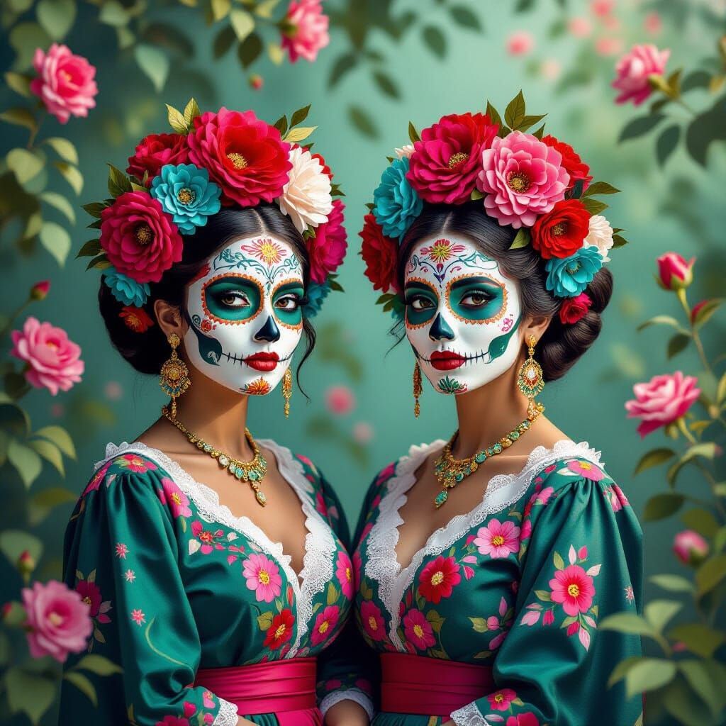 Two Elegant Catrinas in Vibrant Floral Headdresses