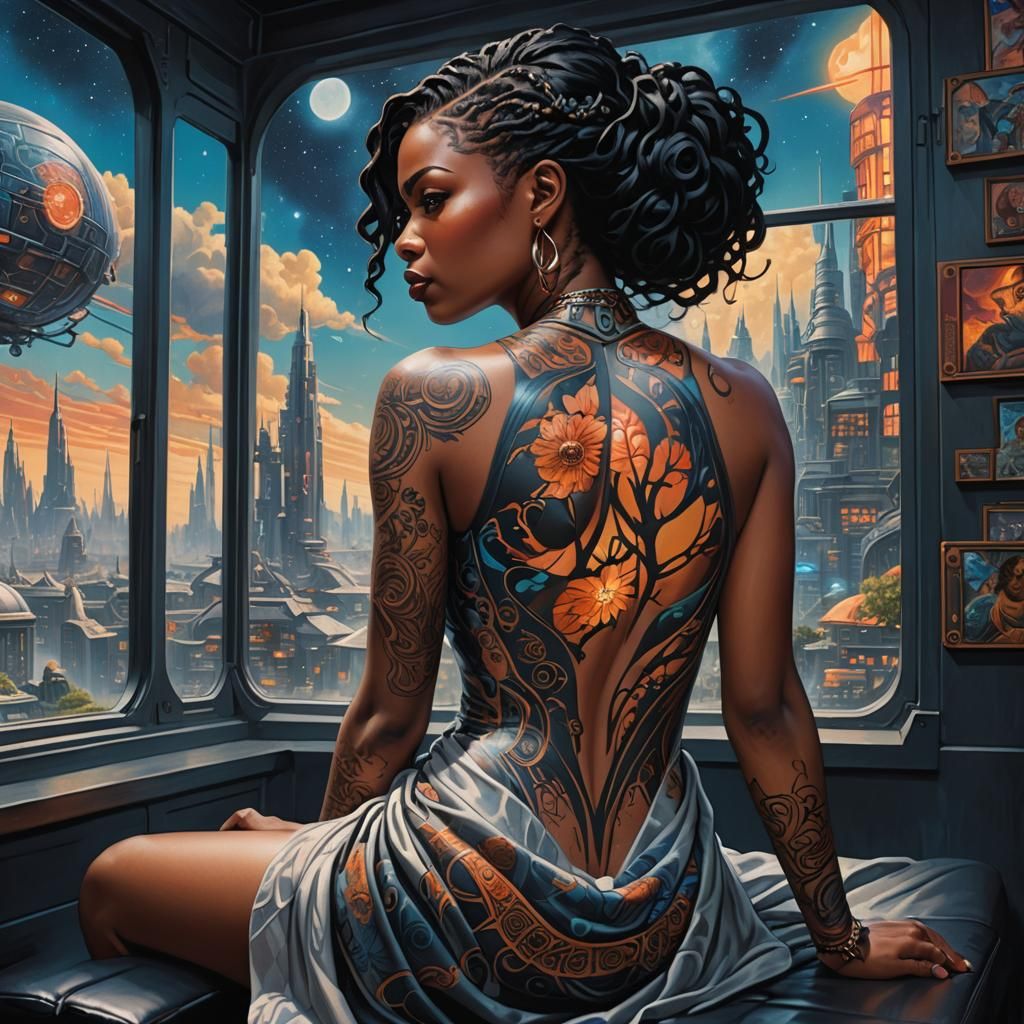 Woman with Sci-Fi Tattoo in Comic Book Art Style