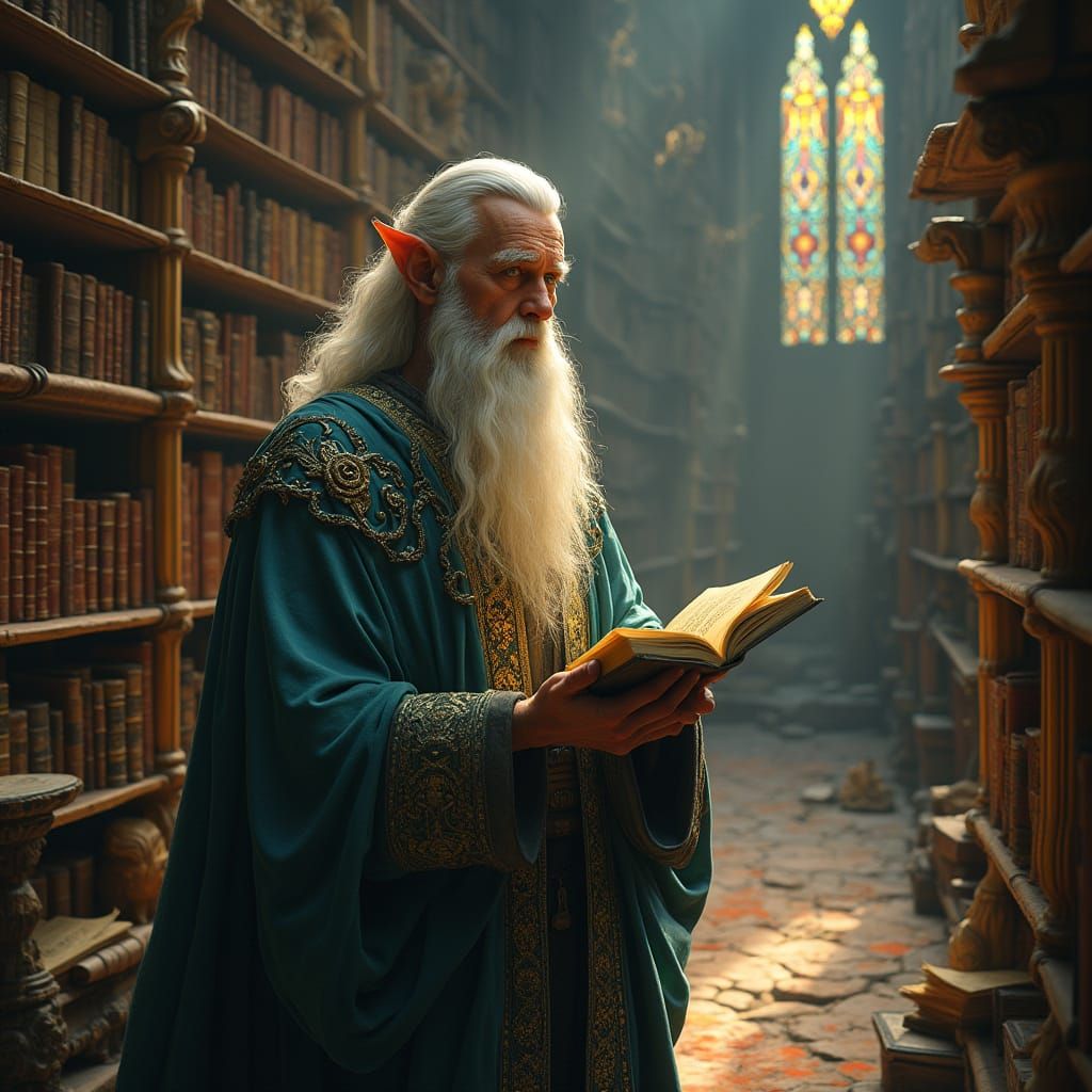 Ethereal Elven Scholar in Starlight Robes, Beside Ancient Bo...