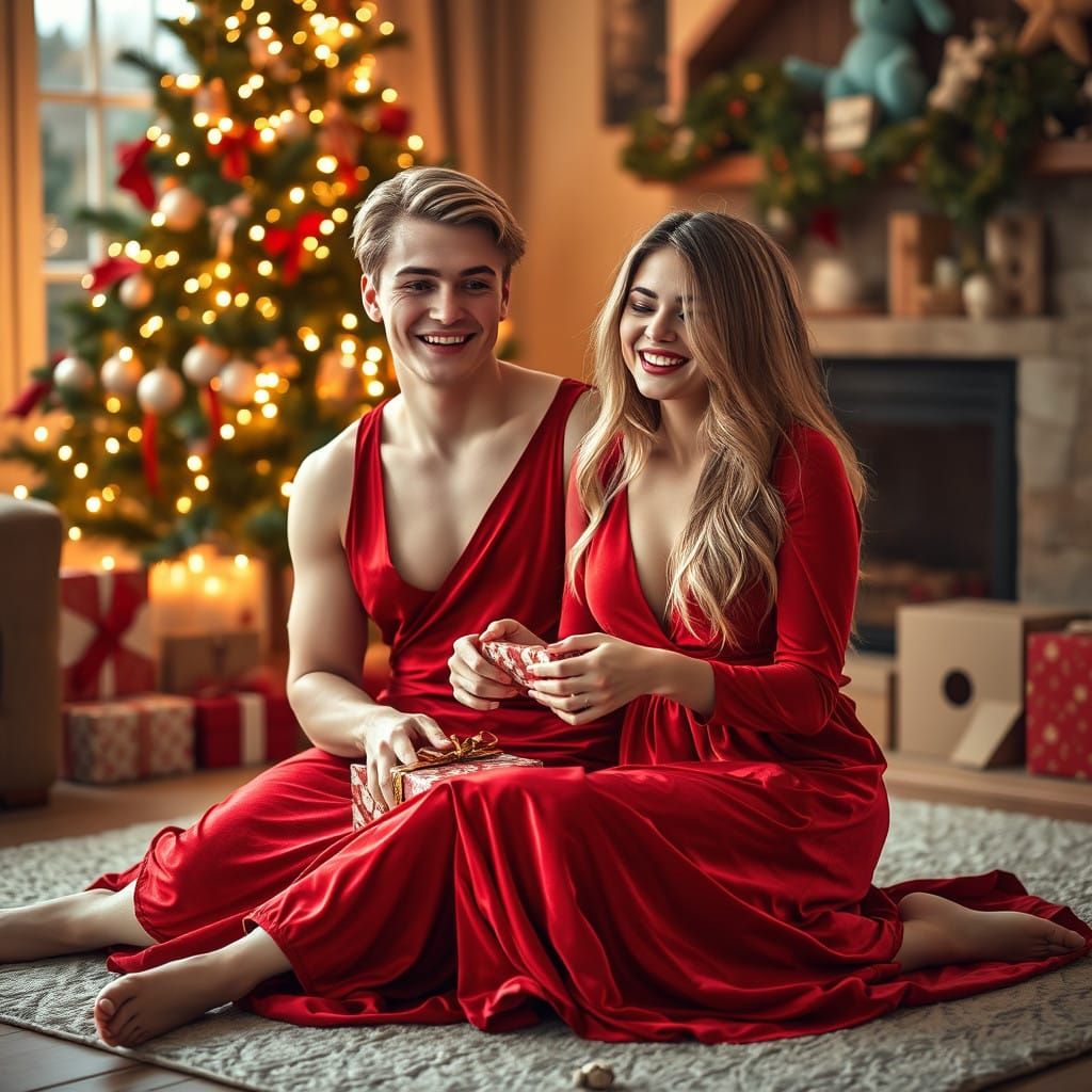 Confident Couple in Velvet Red Evening Gowns, Surrounded by....