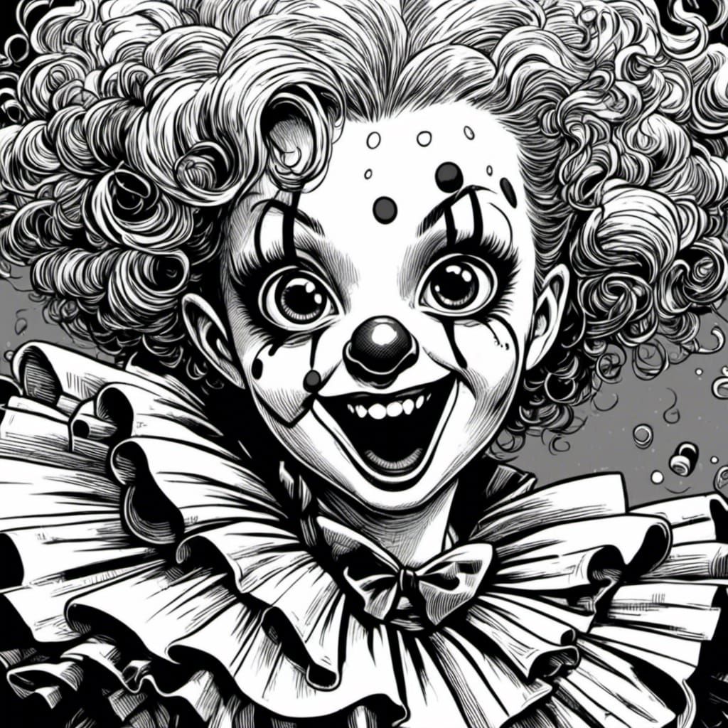 Clown Girl Portrait in Black and White Comic Style