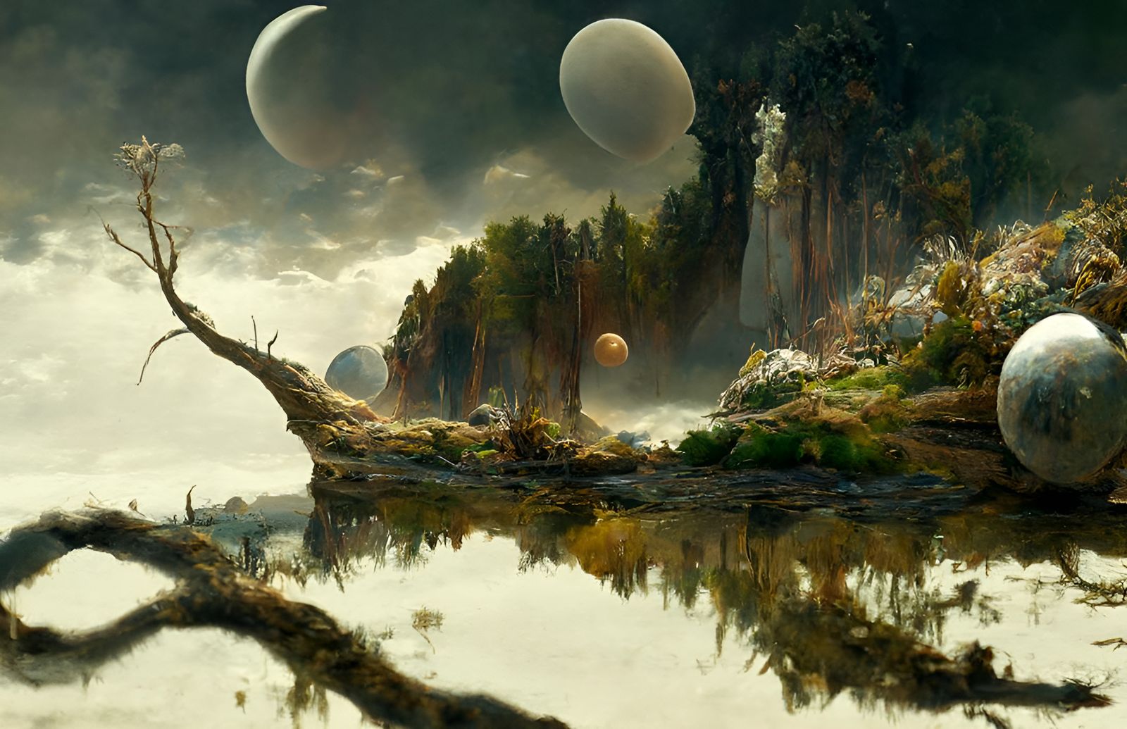 Mystical Alien Moonrise over Forest in Kinetic Pointillism