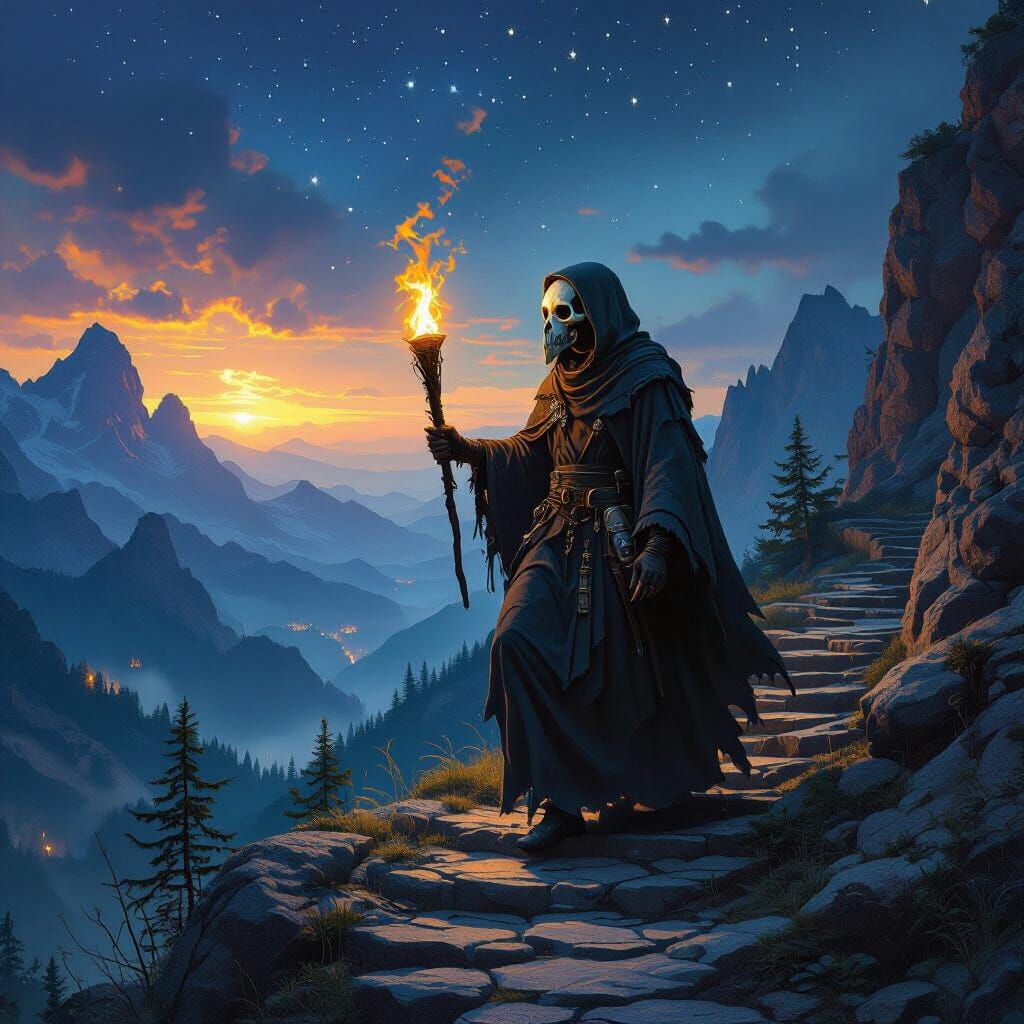Bird Skull Cultist Ascends Mountain Path at Night