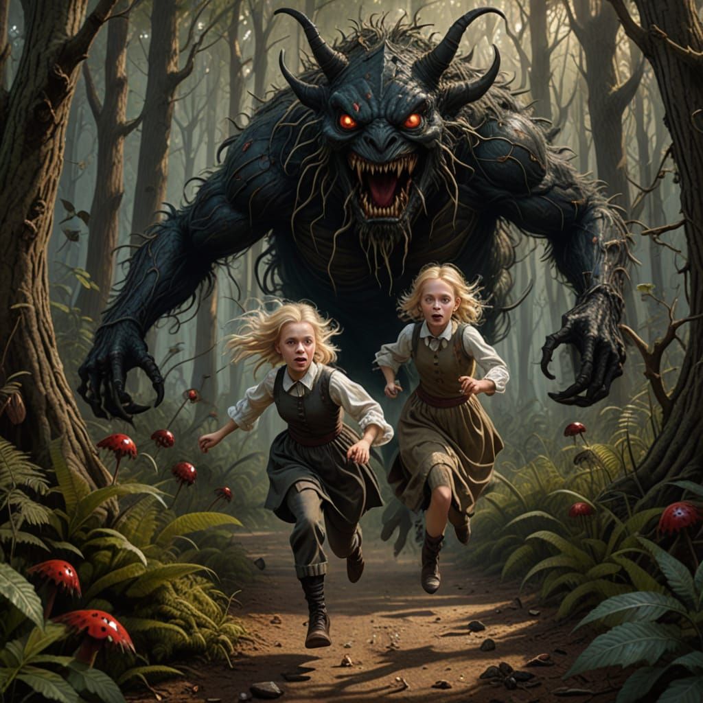 Victorian Girl Fleeing a Fearsome Beast in a Haunting Forest...