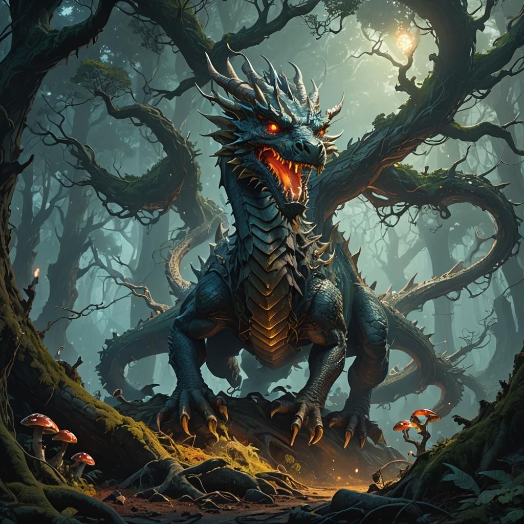 Majestic Dragon Soaring Through Mystical Forest