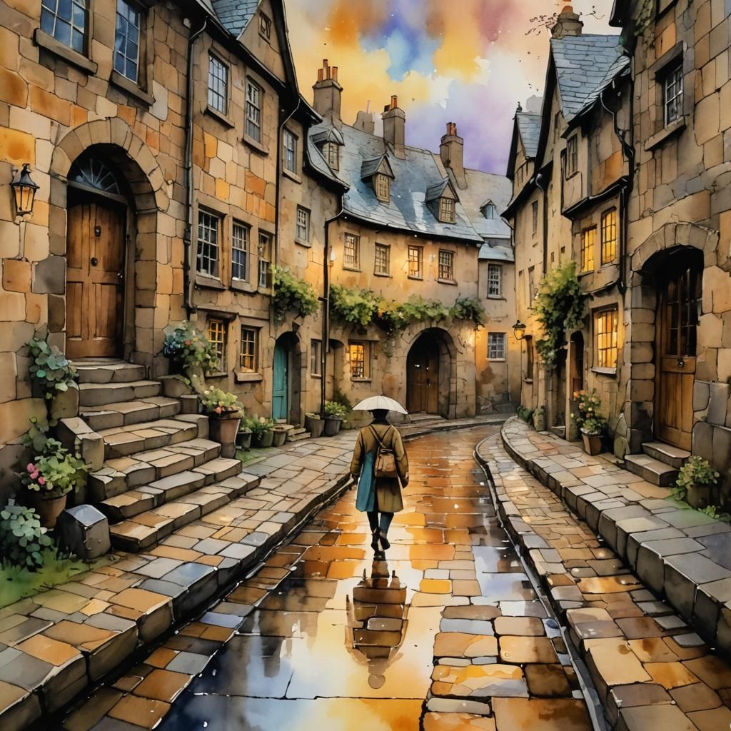 English Village Street Scene as Watercolor Painting