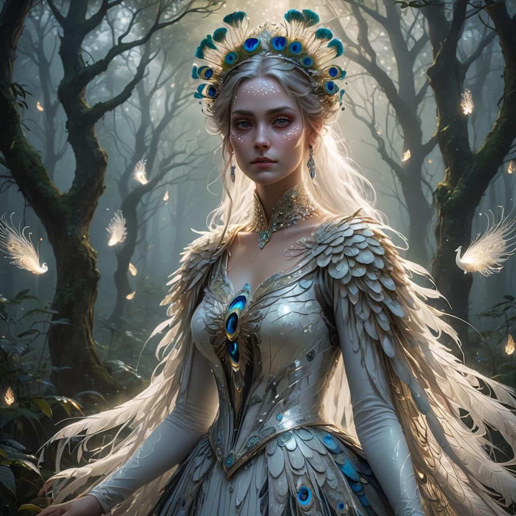 Majestic Ghost Peacock Portrait in Misty Forest