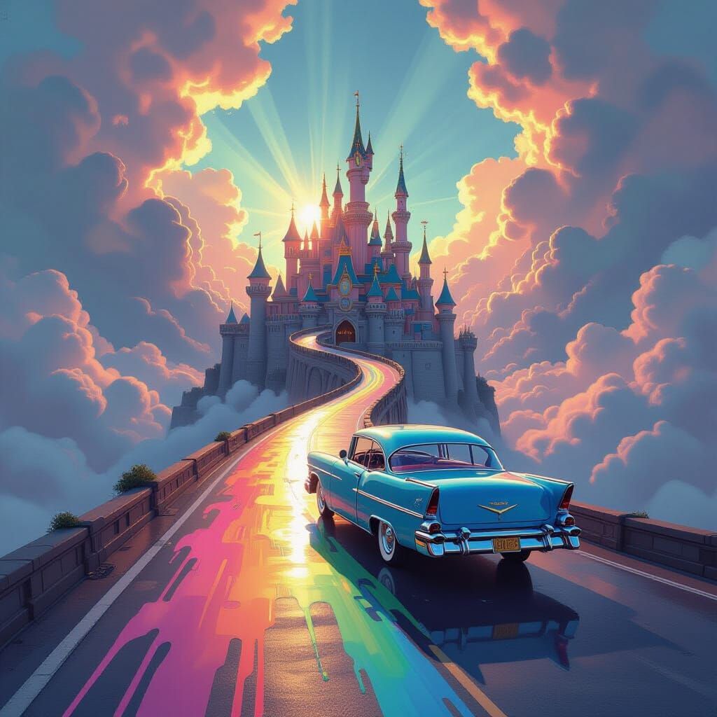 Surreal City in Sky Drips Multicolored Paint