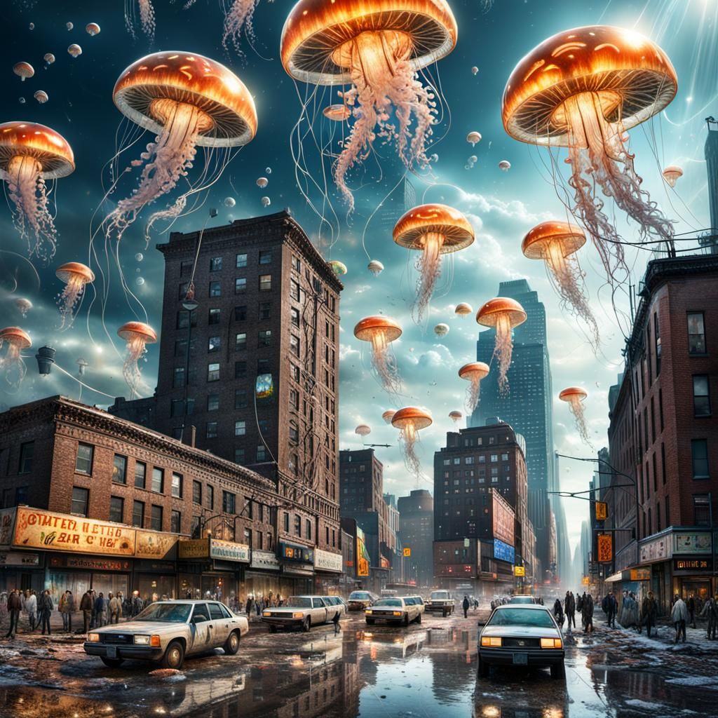 Jellyfish UFO Swarm over Dystopian City in 3D
