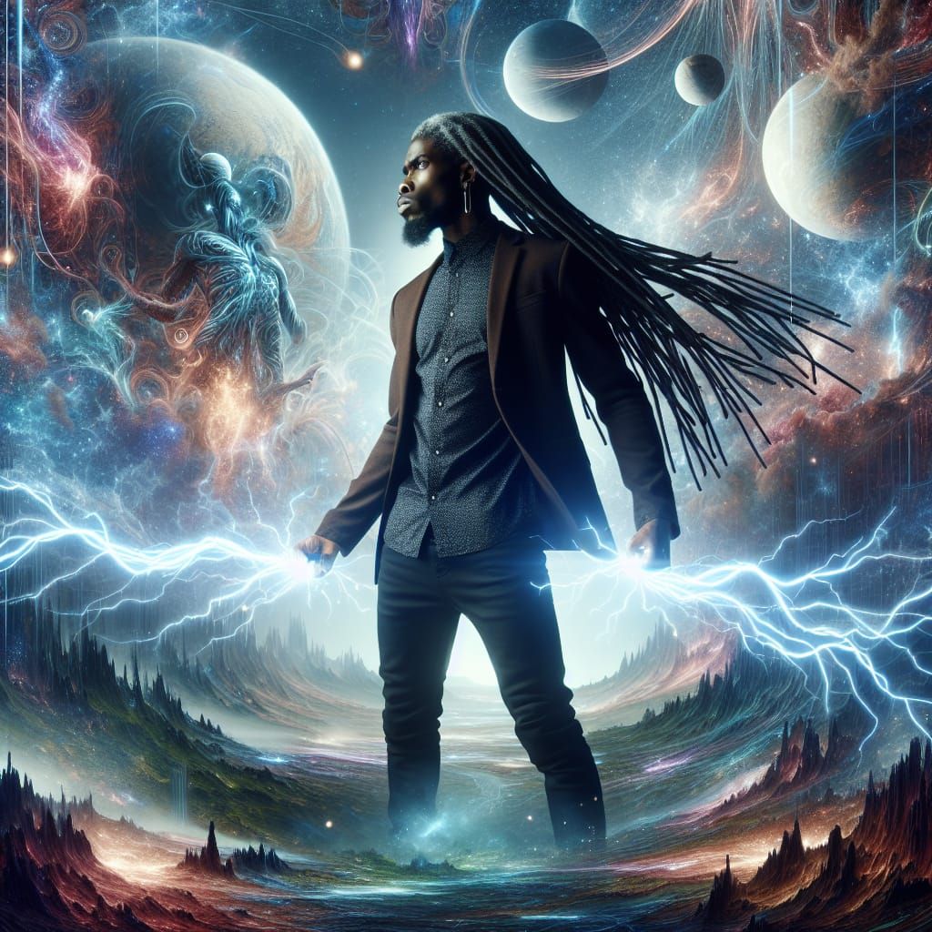 Afrofuturistic Black Man Controls Lightning in Cosmic Valley