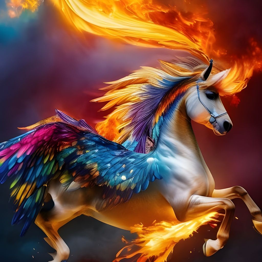 Flaming Rainbow Pegasus Unicorn Riding in the sky