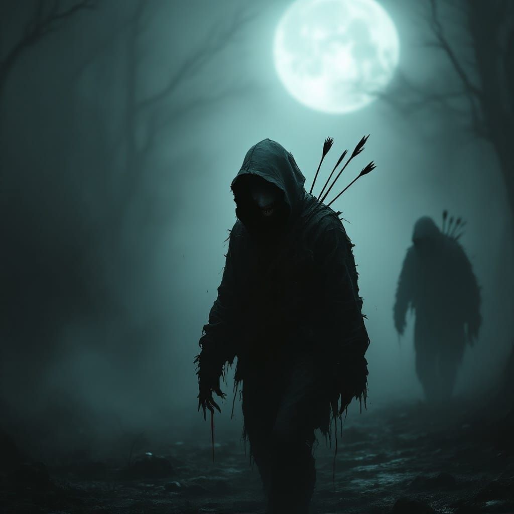 Dark Figure Walks with Arrows Piercing His Back in Forebodin...