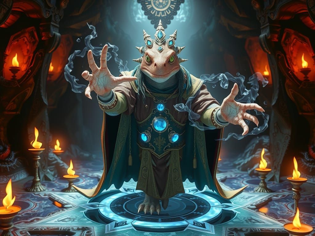 Lizard Wizard's Mystical Ritual in a Carved Cavern