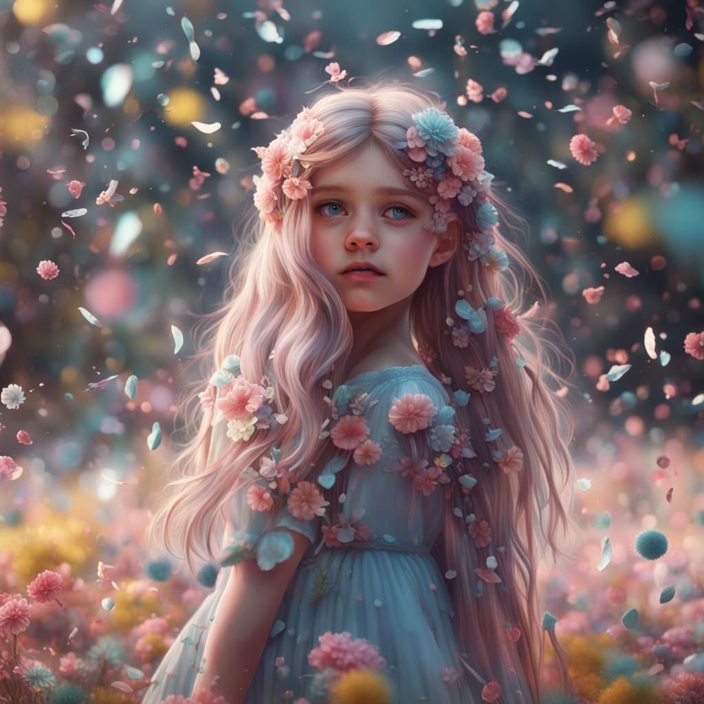 Beautiful Little Girl with Flowers and Confetti