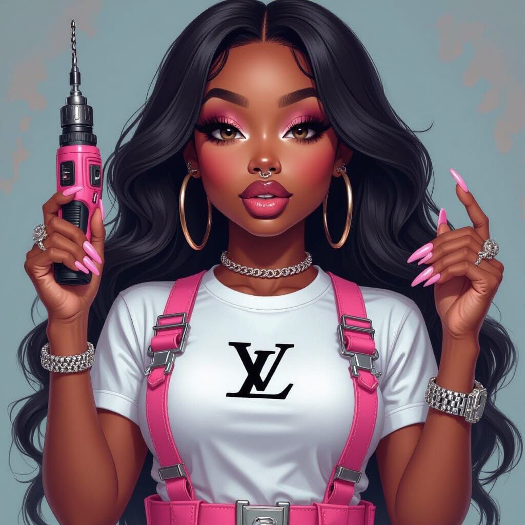 Melanin Girl with Drill in Matte Painted Digital Art