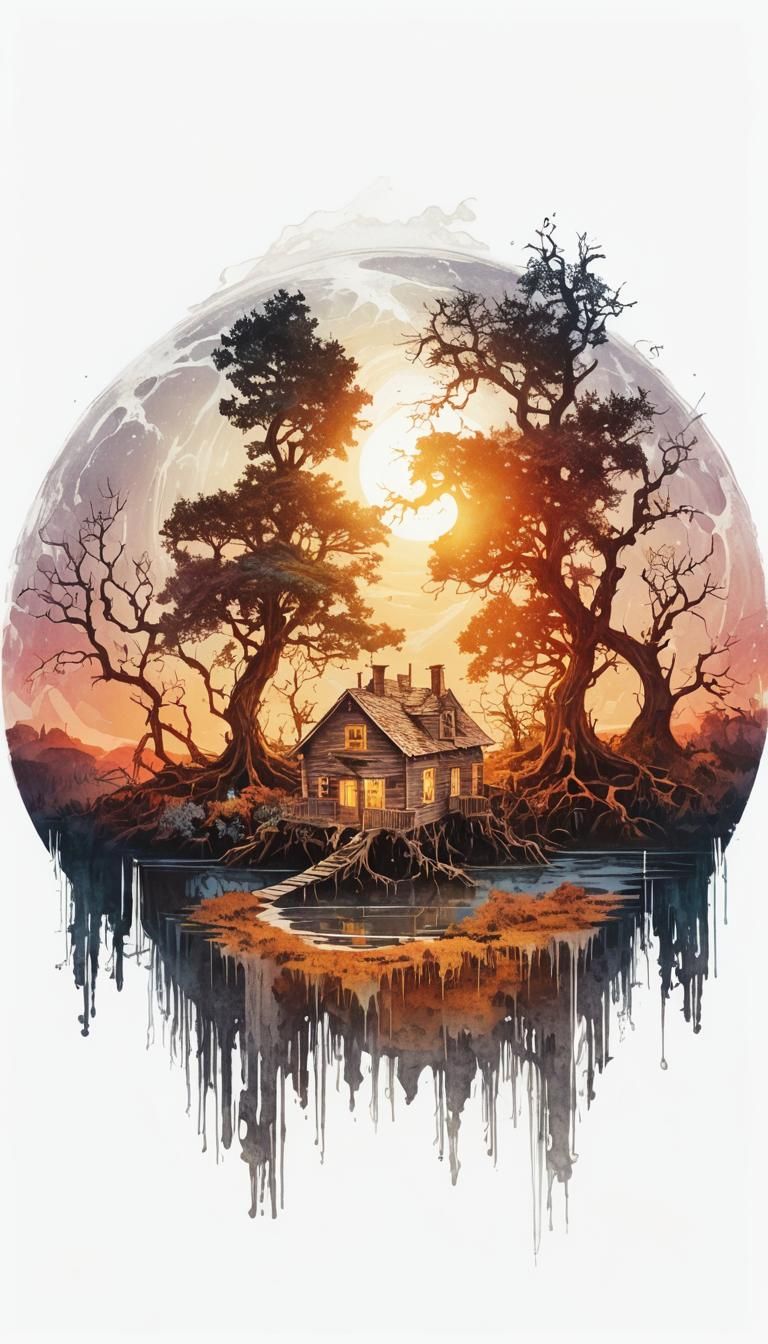 Mystical Island House in Moonlight: Gothic Romanticism