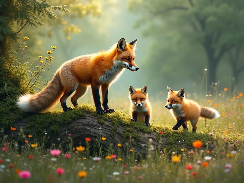 Mother Fox in Whimsical Forest Setting