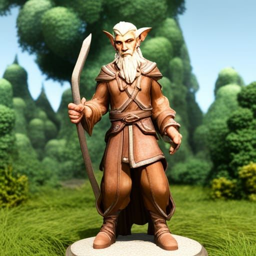 D&D figurine elf, innkeeper, standing in a field