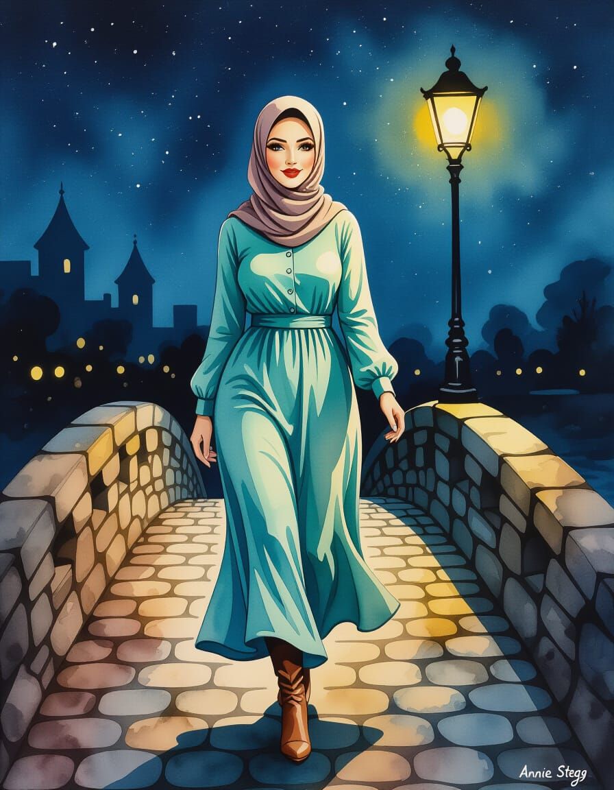 Surreal Hijabi Woman on Bridge at Night