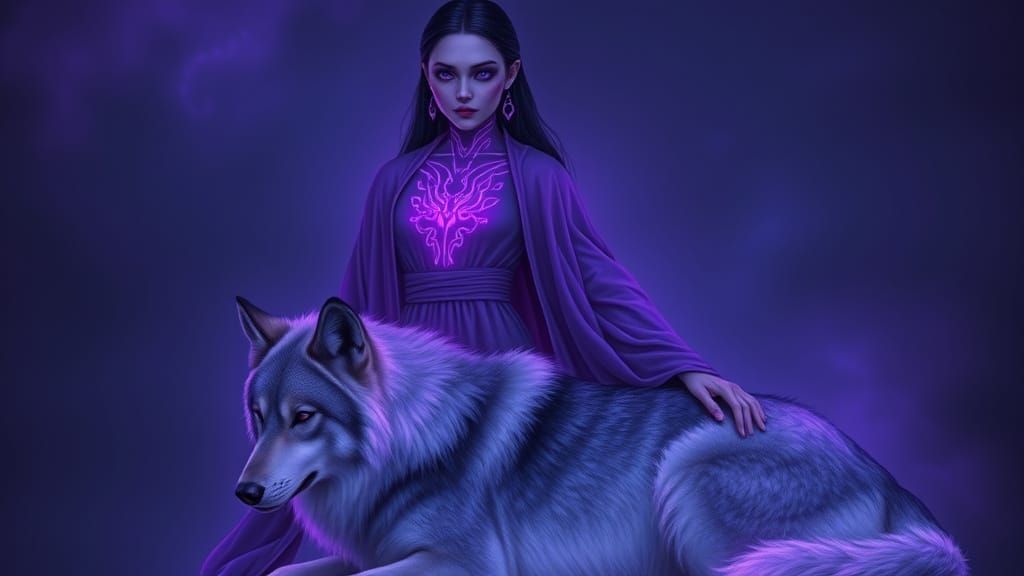 Ethereal Alien Woman with Wolf in Violet Hues