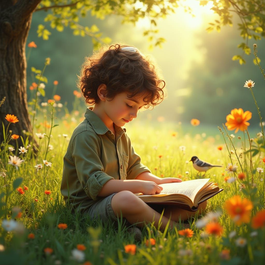 Boy Studying Talmud in Enchanted Meadow