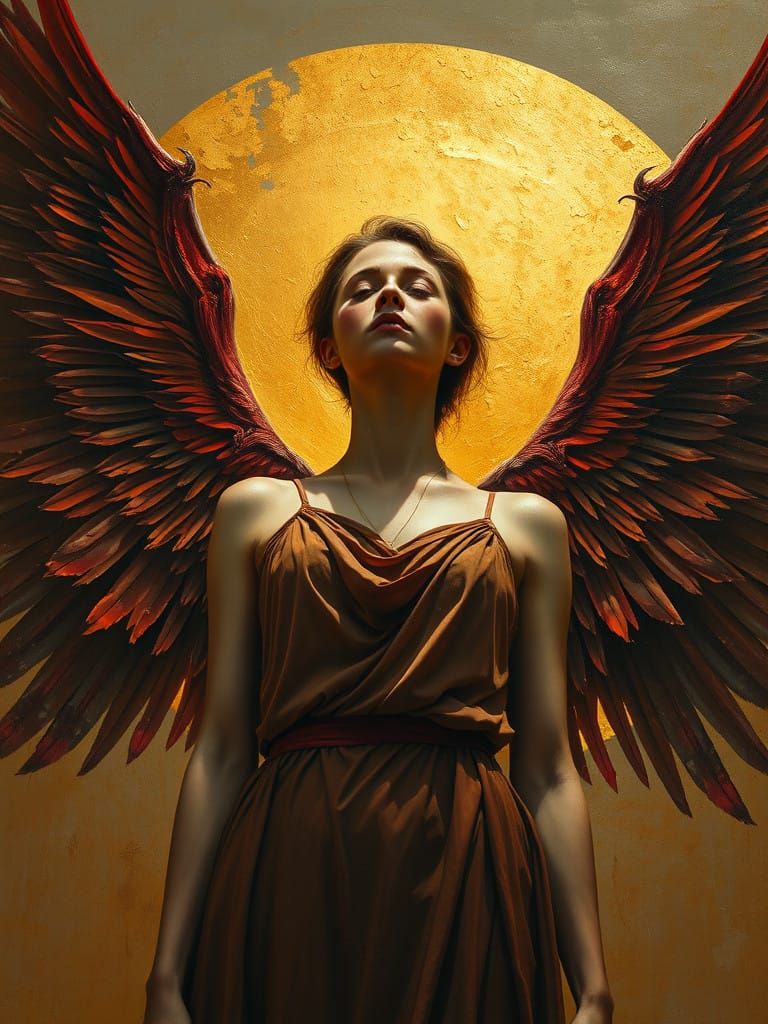 Winged Goddess in Muted Fire Tones with Verdigris and Gold